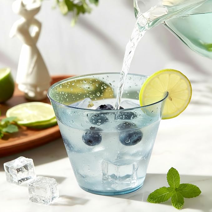 150 Pack Plastic Cups 9 oz Blue Clear Plastic Cups for Cocktail Fancy Disposable Cup for Party Stemless Wine Glasses for Wedding Thanksgiving Christmas Party Graduation