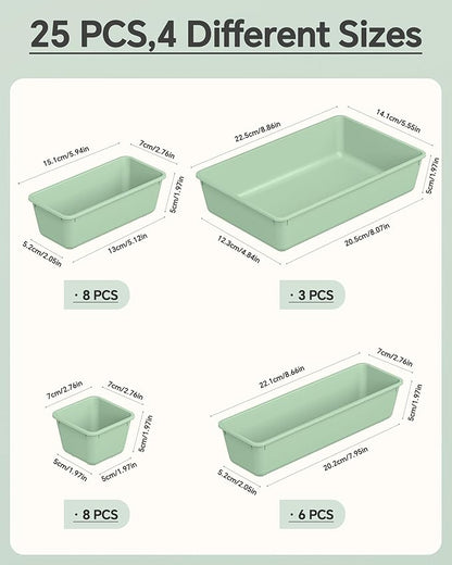 25 PCS Plastic Drawer Organizers Set, 4 Sizes Vanity Organizer, Makeup and Desk Drawer Organizer Trays, Organization and Storage for Makeup, Bathroom, Kitchen Utensils and Office (Green)