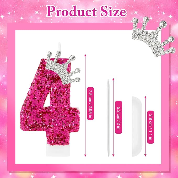 Hot Pink Birthday Candles Crown Number 4 Candle 4th Birthday Party Decorations Cake Topper Cupcake Decor for Anniversary Celebrations Supplies