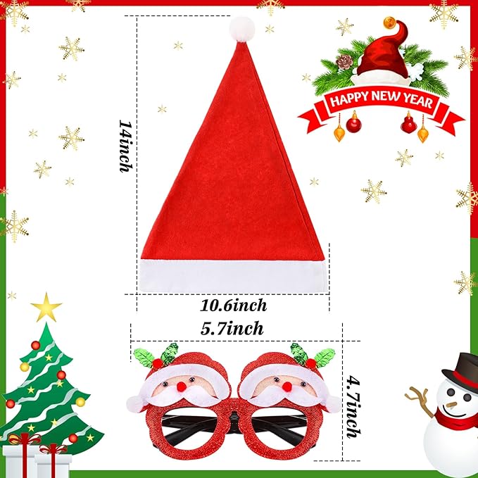 Liitrsh 48 Pcs Christmas Glasses & Hats - Glitter Glasses, Santa Hat for Xmas Photo Booth Props & Holiday Favors
