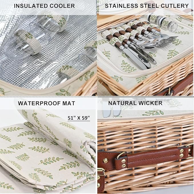 Multifunctional Wicker Picnic Basket Set for 4 with Blanket and Picnic Table, Insulated Picnic Set with Full Tablewares for Camping Outdoor Couples,Leaf