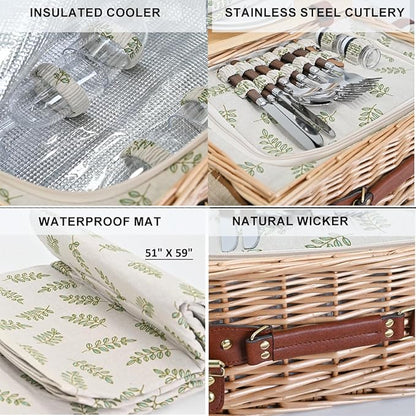 Multifunctional Wicker Picnic Basket Set for 4 with Blanket and Picnic Table, Insulated Picnic Set with Full Tablewares for Camping Outdoor Couples,Leaf