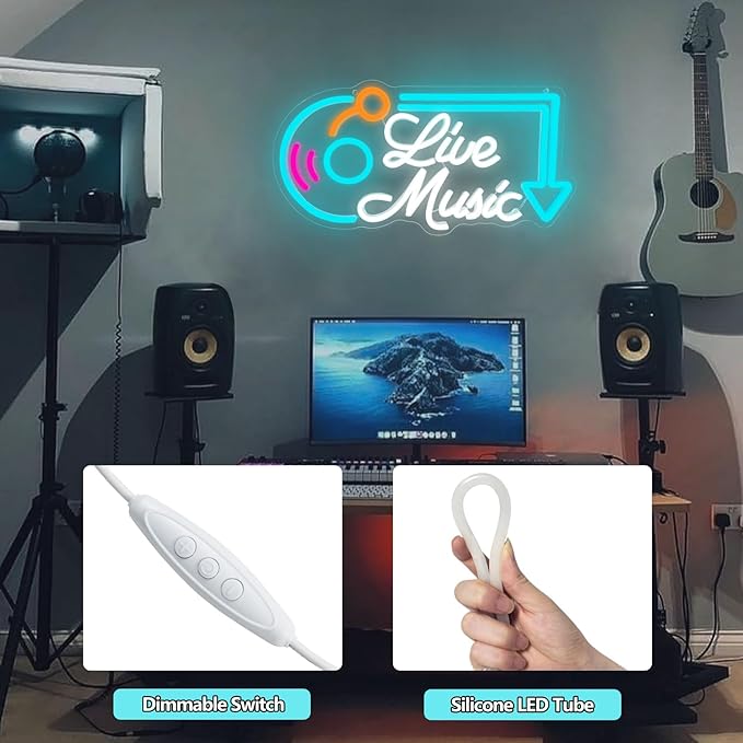 Live Music Neon Sign, Music LED Neon Lights for Wall Decor, Dimmable Live Neon Light Sign, Neon Live Sign Light up Sign for Bar Studio Bedroom Party Present Club Handcrafted Nightclub Parties