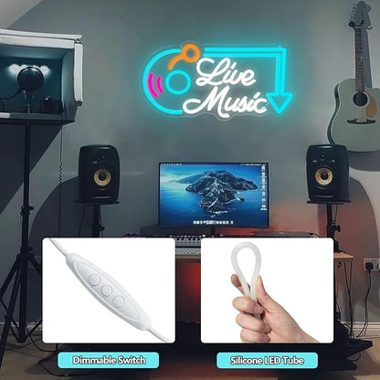 Live Music Neon Sign, Music LED Neon Lights for Wall Decor, Dimmable Live Neon Light Sign, Neon Live Sign Light up Sign for Bar Studio Bedroom Party Present Club Handcrafted Nightclub Parties