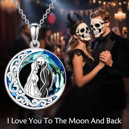 LILALO Christmas Gifts Nightmare Necklace Sterling Silver Abalone Shell Crystal Jack and Sally Necklace Jack Skellington Skull Jewelry Skull Necklaces for Women
