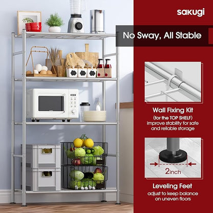 Storage Shelves - 4 Tier Shelf Organizer, Heavy Duty Garage Shelving Unit with Leveling Feet, Stable Metal Shelves Organizer for Pantry, Kitchen and Closet, 33.0" W x 12.6" D x 57.2" H, Silver