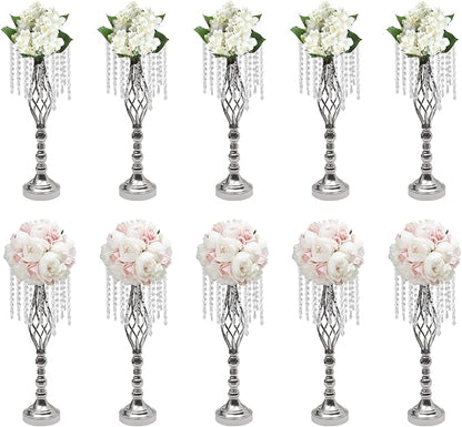 Wedding Centerpieces Gold Vases,10PCS Metal Flower Candle Holder with Sparkling Crystal Beads,Crystal Flower Vase Metal Flowers Stand for Party Tables Decorations (10pcs-Sliver-14cm)
