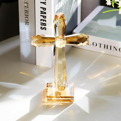 YWHL Champagne Crystal Standing Cross Figurine, Religious Gifts for Women Men, Handmade Glass Holy Easter Cross Collectible Figurines Decoration, Christian Cross for Home Office Decor