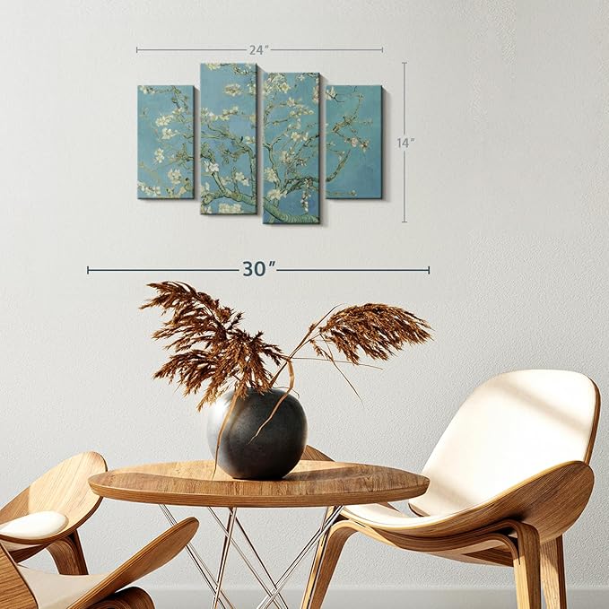 ElephantStock Almond Blossoms Wall Art - Horizontal Canvas - 4-Piece Living Room Wall Decor - Flower Painting Canvas Print - Blue and Green Decor for Wall by Vincent Van Gogh - 24" X 14"
