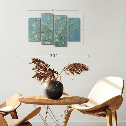 ElephantStock Almond Blossoms Wall Art - Horizontal Canvas - 4-Piece Living Room Wall Decor - Flower Painting Canvas Print - Blue and Green Decor for Wall by Vincent Van Gogh - 24" X 14"