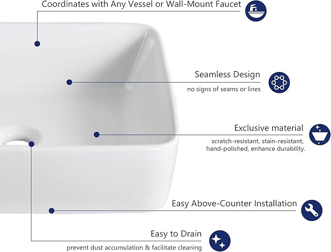 DeerValley Vessel Sink Rectangle 19"x15" Bathroom Sink, White Ceramic Rectangular Sink Above Counter Porcelain Art Basin,19 Inch Bathroom Sinks, DV-1V031