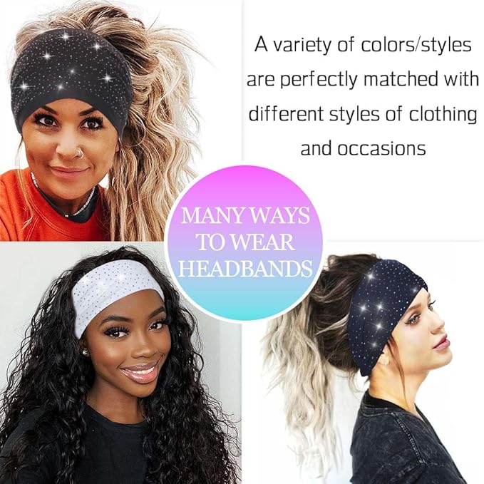 CAKURE Wide Rhinestone Headbands Sparkly African Head Wraps Bling Head Scarf Motorcycle Hair accessories Women (Pack of 3)