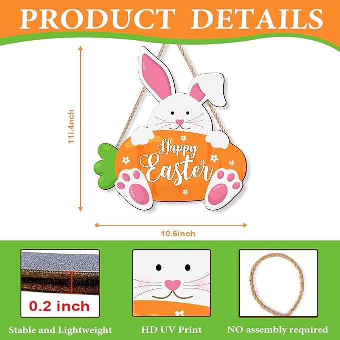 Kercan Wooden Easter Decor Rabbit Door Wreath for Front Door Sign Wall Spring Signs, Bunny Sign Welcome Hanging for Home Wall Decor Party Indoor Decoration, 10.6x11.4Inches