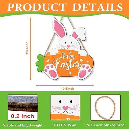 Kercan Wooden Easter Decor Rabbit Door Wreath for Front Door Sign Wall Spring Signs, Bunny Sign Welcome Hanging for Home Wall Decor Party Indoor Decoration, 10.6x11.4Inches