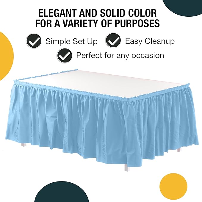 Exquisite Ruffle Table Skirt Light Blue 6 Pack 14 Ft Long Table Skirts for Rectangle Tables 6ft Plus or Round Tables Skirts with Adhesive Strip for Gender Reveal Decor & Happy Birthday Parties