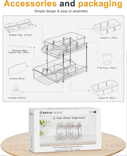 Under Sink Organizer, Bathroom Organizers and Storage, 2 Tier Multi-Use Pull Out Cabinet Organizer with Hang Hooks and Cups (transparent, 2 Pack)
