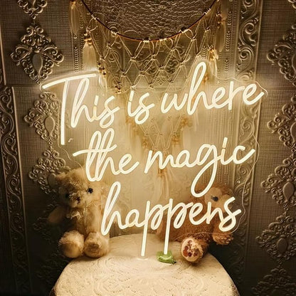 This Is Where The Magic Happens Neon Signs for Wall Décor, 24” Large LED Neon Light Signs for Wedding, Birthday, Engagement, Bachelorette Party, Bar, LED Sign gifts for boys girls, 24x20” Warm White