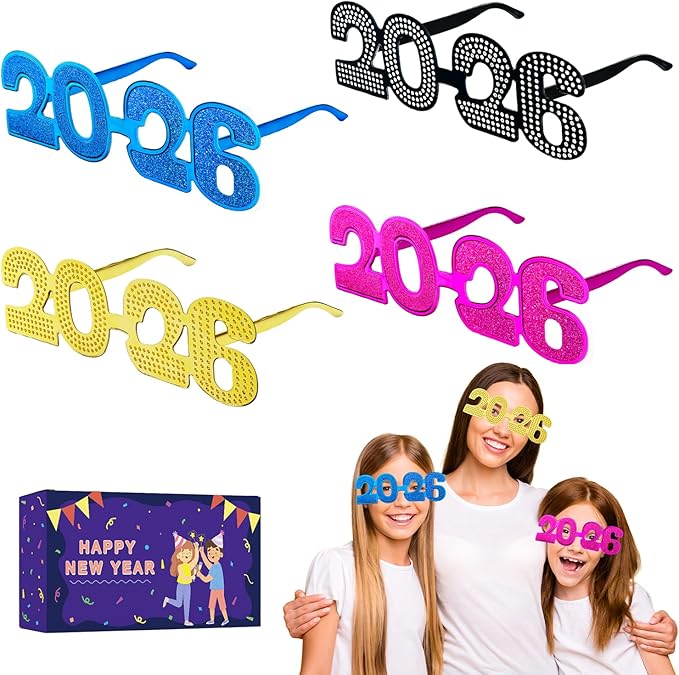 New Years Eve Party Supplies Decorations 2026 - 8PCS, NYE Glasses Party Favors, Plastic Eyewear Happy New Year Photo Booth Props, Class of 2026 Graduation Party Accessories