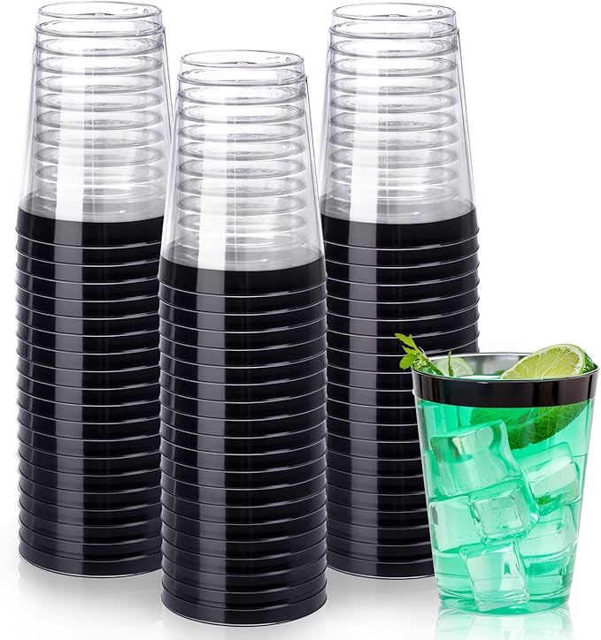 DaYammi 100 Pack Black Plastic Cups 10Oz Clear Disposable Cups with Black Rim, Clear Cocktail Cup Heavy Duty Disposable Wine Glasses Disposable Fancy Plastic Cups for New Year Party