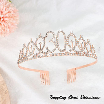 CIEHER 30th Birthday Crown + Sash + Pearl Pin Set, Rose Gold Decorations for Women's 30th Birthday Gifts with Tiara, Cake Topper & Happy Party Decor