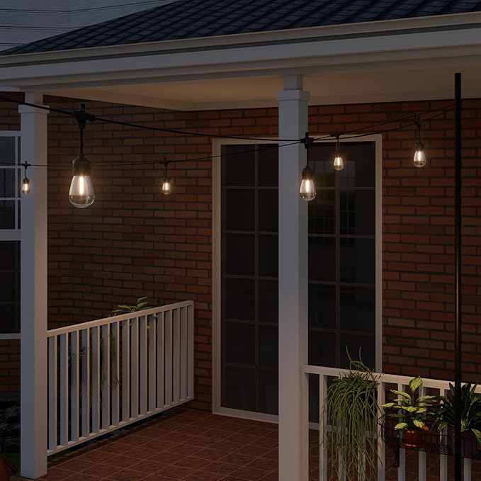 Outdoor String Lights 48 ft, LED Patio Lights with 16（15+1 Spare S14 Shatterproof Bulbs, IP 65 Waterproof, Outside Hanging Light for Cafe Bistro Backyard