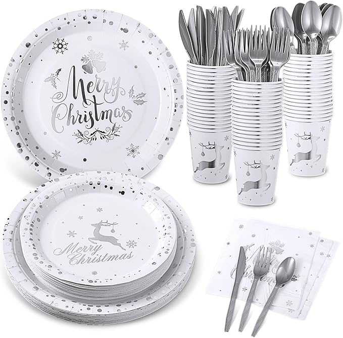 175 Pcs Merry Christmas Party Dinnerware Foil Dots Christmas Paper Plates Set Elk Disposable Xmas Plates Napkins Cups for New Year Wedding Birthday Baby Shower Party Supplies Decoration (White Silver)