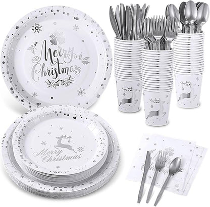 175 Pcs Merry Christmas Party Dinnerware Foil Dots Christmas Paper Plates Set Elk Disposable Xmas Plates Napkins Cups for New Year Wedding Birthday Baby Shower Party Supplies Decoration (White Silver)
