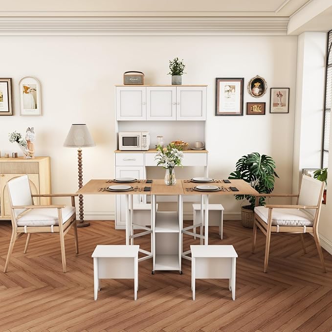 VOWNER 63” Folding Dining Table Set with 71” Tall Kitchen Pantry Storage Cabinet, with Large Drawers and Adjustable Shelves, Space Saving Wood Cupboard with Charging Station for Small Place, 4 Stools