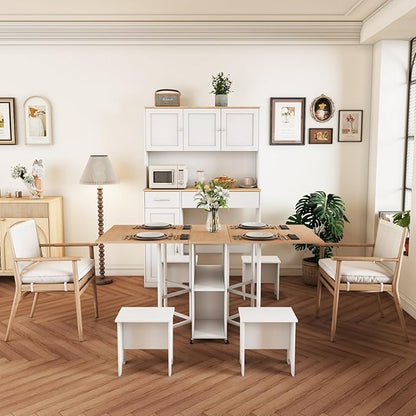 VOWNER 63” Folding Dining Table Set with 71” Tall Kitchen Pantry Storage Cabinet, with Large Drawers and Adjustable Shelves, Space Saving Wood Cupboard with Charging Station for Small Place, 4 Stools