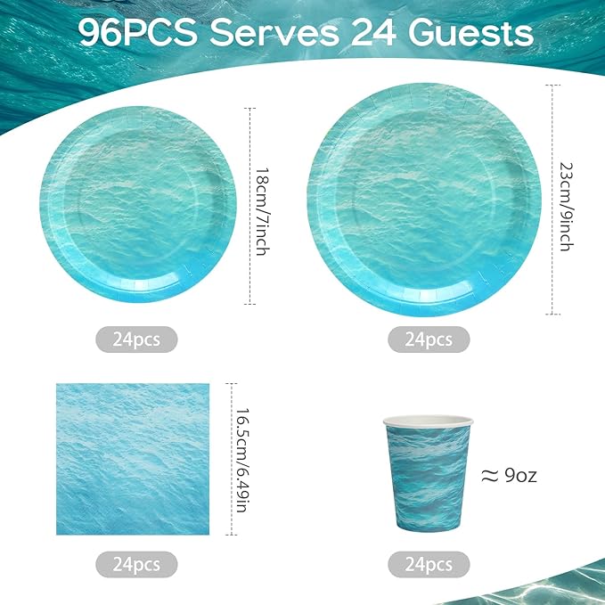96pcs Paper Plates and Napkins Under the Sea Paper Plates Disposable and Cups Ocean Waves Tableware Set for 24 Guests Baby Shower Wedding Birthday Party Supplies Decorations