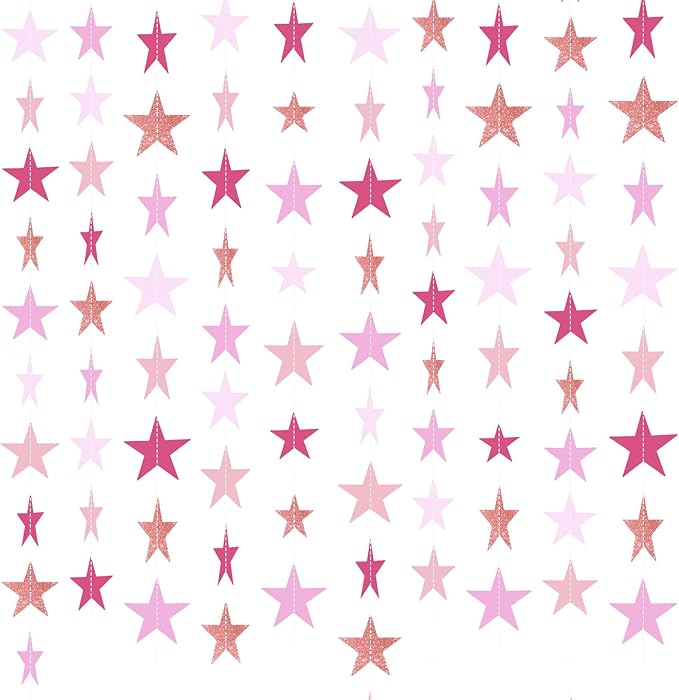Patelai Glitter Star Garland Banner Christmas Decor 130 Feet Star Hanging Bunting Banner Twinkle Backdrop for Homecoming Classroom Wedding Birthday Halloween Party Supplies(Pink,Purple)