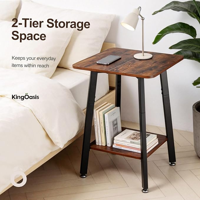 King Oasis Set of 2 2-Tier End Tables, Wooden Side Tables with Storage Shelves, Sturdy Couch Sofa Side Tables for Living Room Bedroom,Brown