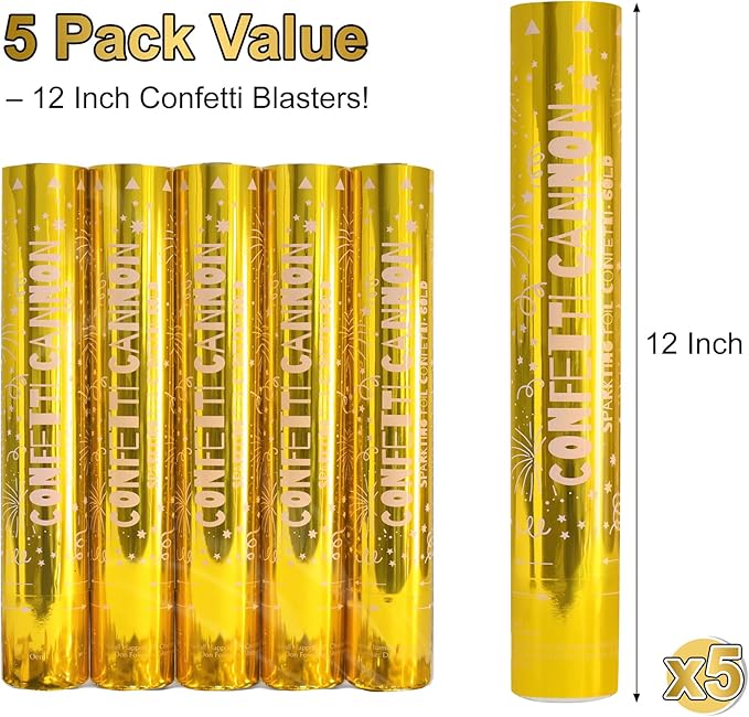 5 Pack Confetti Poppers gold– 12 Inch Confetti Blaster for Birthday, Graduation, and New Year’s Eve Celebrations – Best Party Poppers for Unforgettable Parties!