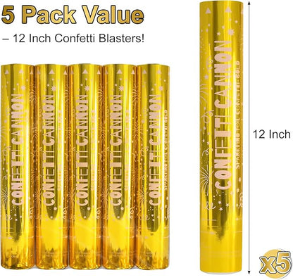 5 Pack Confetti Poppers gold– 12 Inch Confetti Blaster for Birthday, Graduation, and New Year’s Eve Celebrations – Best Party Poppers for Unforgettable Parties!