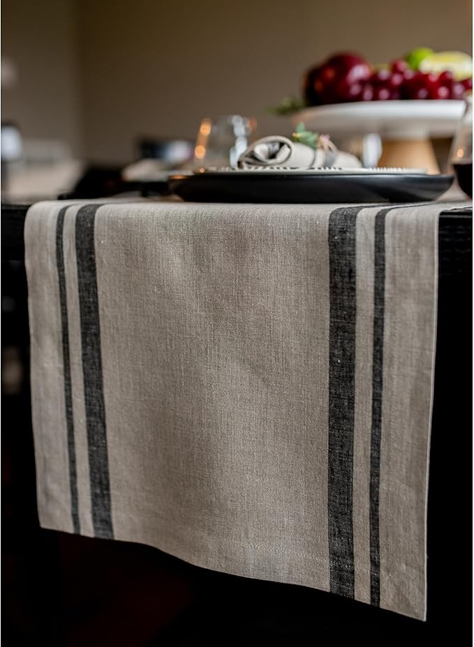 Solino Home Linen Table Runner 60 Inches - 100% Pure Linen Black and Natural French Stripe Table Runner 14 x 60 Inch Ideal for Dresser and Coffee Tables - Fall, Holiday