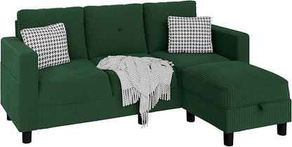 JAMFLY Convertible Sectional Couches for Living Room, L-Shaped Couch 3 Seat Sectional Sofa Set with Polyester Fabric and Movable Ottoman Small Couch for Apartments, Office,Green