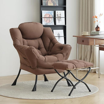 LITA Lazy Chair with Ottoman, Modern Accent Leisure Upholstered Sofa Chair, Contemporary Lounge Reading Chairs with Armrests and a Side Pocket for Living Room, Bedroom & Small Space, Dark Brown