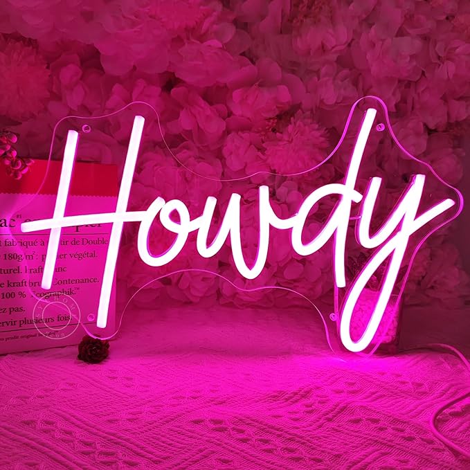 SYLHOME Howdy Led Neon Light Sign Pink Preppy Bedroom Wall Sign Decor Party Birthday Christmas Bar Pub Light Up Signs Girls USB 5V 15.75"X9.65" Dimmer