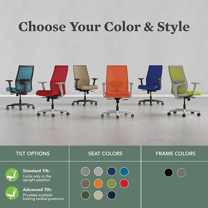 HON Ignition 2.0 Mid Back Task Chair, Spectrum Mesh, Standard Synchro-Tilt Control, Office Chair with Lumbar Support, Height and Width Adjustable Arms, Titanium Frame, Salamander
