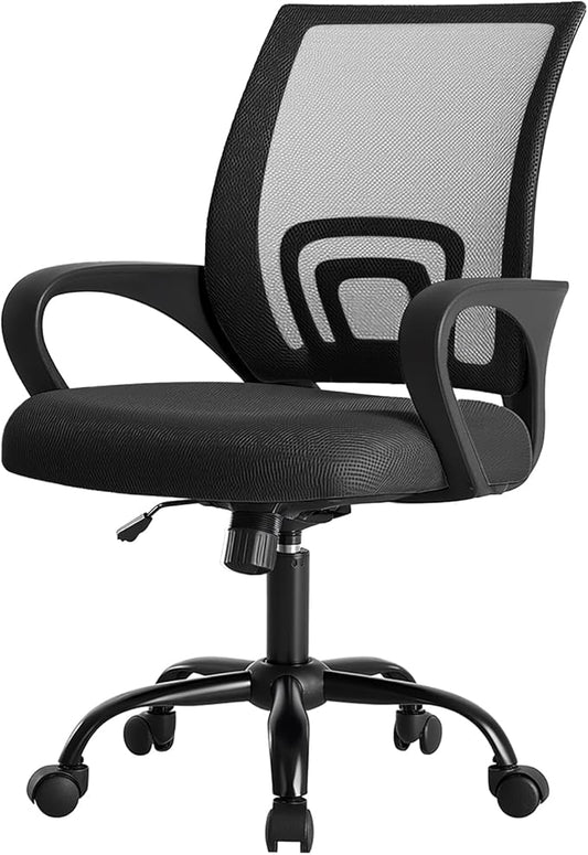 DUMOS Home Office Chair - Ergonomic Mid Back Mesh Desk Chair with Lumbar Support & Rocking Mode, Height Adjustable with Fixed Armrest, for Computer, Gaming, Meeting, 360° Swivel, Black, 2 Pack