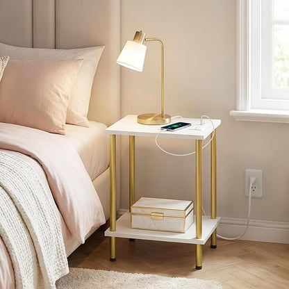 HOOBRO Side Table with Charging Station, Set of 2 End Tables with USB Port and Outlets, Nightstand with 2-Layer Storage Shelves for Small Spaces, Living Room, Bedroom, White and Gold DW09UBZP201