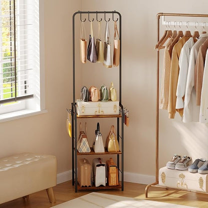 Floor-Standing Purse Organizer for Closet with 5 Hangers & 6 Side Hooks, Tall Purse Rack Stand for Purse Storage, High-Capacity Handbag Organizer, Multi-Purpose Purse Storage Organizer for Small Place