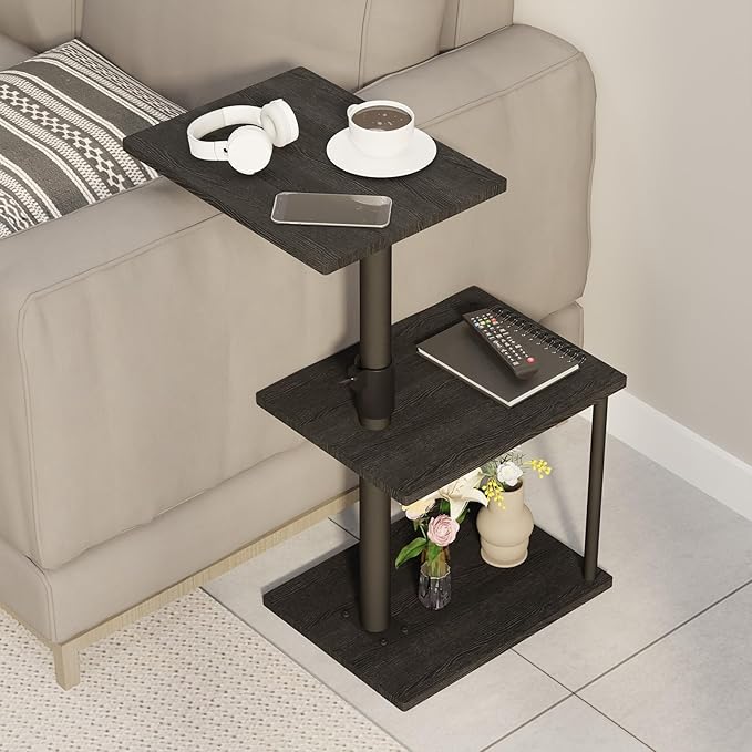 Swivel Side Table for Couch Arm, Adjustable C End Table for Recliner or Bed, Tv Trays with Storage Shelf for Small Spaces Small Nightstand Table for Living Room, Bedroom，2pc