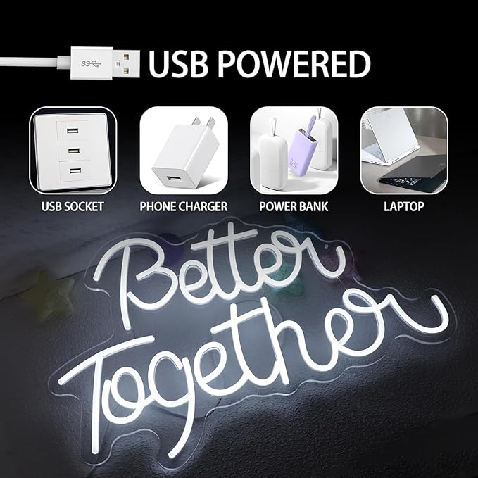 Better Together Neon Sign for Wall Decor Neon Lights for Teen Bedroom Decor Art Light Up Sign LED Neon Signs for All Party Reunion Decoration USB 21.7x13.8 Inch (white)