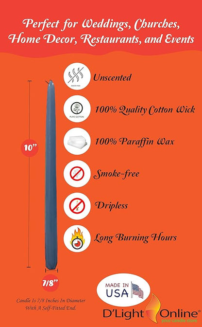 D'light Online Elegant 10" Taper Candles, Premium Quality Hand-Dipped Tapered Candles, Dripless and Smokeles - Set of 12 Individually Wrapped (10 Inch, Slate Blue)
