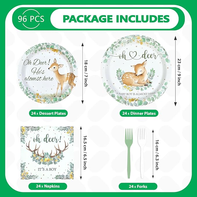 96Pcs Oh Deer He's Almost Here Baby Shower Party Supplies Green Deer Plates and Napkins Woodland Animal Tableware Set for Boy Animal Baby Shower Gender Reveal Party Supplies，Serves 24
