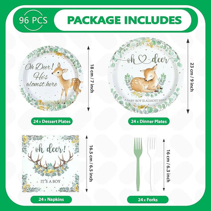 96Pcs Oh Deer He's Almost Here Baby Shower Party Supplies Green Deer Plates and Napkins Woodland Animal Tableware Set for Boy Animal Baby Shower Gender Reveal Party Supplies，Serves 24