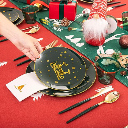 Nervure 175PCS Christmas Plastic Plates - Green and Gold Disposable Plates & Gold Plastic Silverware with Green Handle include 50 Plates 25Knives 25Forks 25Spoons 25Napkins for Christmas Party