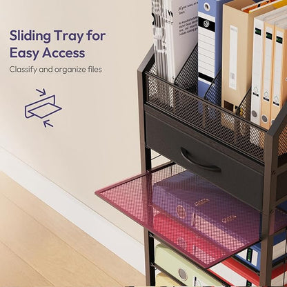 SWTYMIKI 9-Tier Rolling File Cart - Paper Organizer with Drawer and Trays, Wood Desk Office Organizer, Office Organization and Binder Storage for Workspace, Home, School, Black
