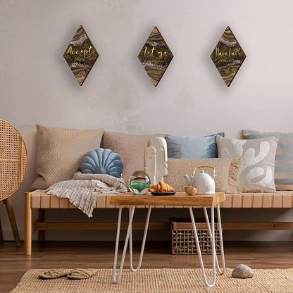 ONIZHITY 3 Pcs Brown Gold Bathroom Decor Brown Wall Decor with Accept Let Go Have Faith Quote Rustic Vintage Farmhouse Wooden Hanging Signs for Home Living Room Bedroom Office(12x7 Inches)